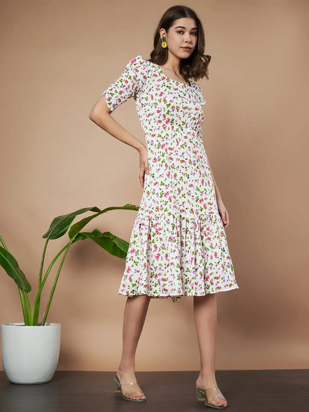 Cream Exquisite Floral Printed Pleated Fit and Flare Dress - Adjustable Waistline, Knee-Length, 3/4 Sleeves, Square Neck, A-Line