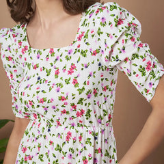 Cream Exquisite Floral Printed Pleated Fit and Flare Dress - Adjustable Waistline, Knee-Length, 3/4 Sleeves, Square Neck, A-Line