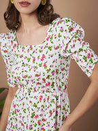 Cream Exquisite Floral Printed Pleated Fit and Flare Dress - Adjustable Waistline, Knee-Length, 3/4 Sleeves, Square Neck, A-Line