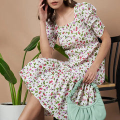 Cream Exquisite Floral Printed Pleated Fit and Flare Dress - Adjustable Waistline, Knee-Length, 3/4 Sleeves, Square Neck, A-Line