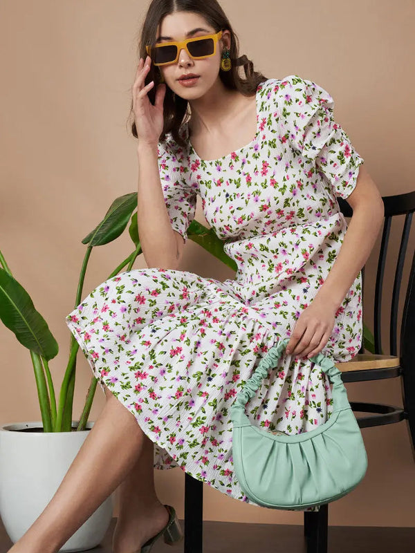 Cream Exquisite Floral Printed Pleated Fit and Flare Dress - Adjustable Waistline, Knee-Length, 3/4 Sleeves, Square Neck, A-Line