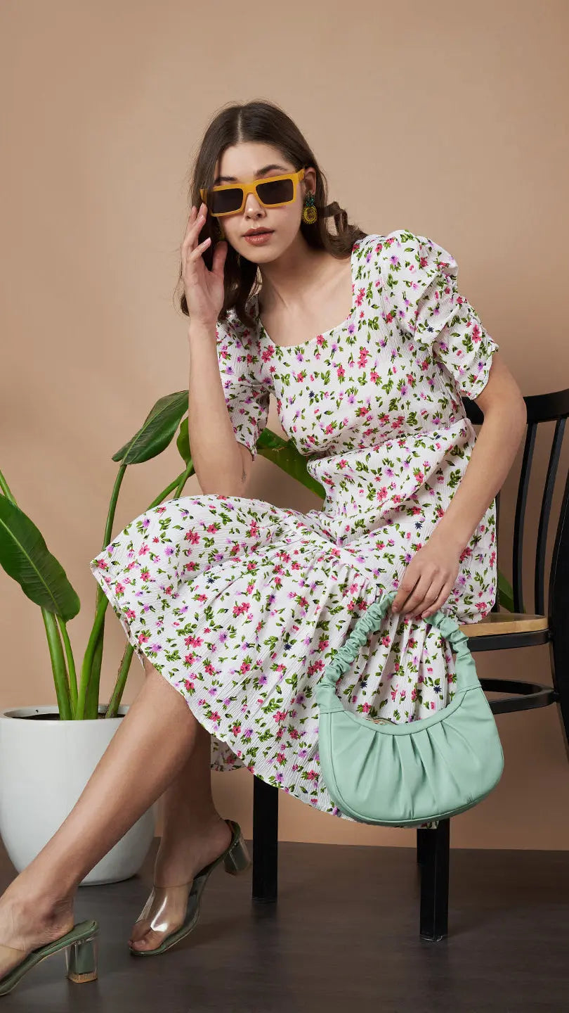 Cream Exquisite Floral Printed Pleated Fit and Flare Dress - Adjustable Waistline, Knee-Length, 3/4 Sleeves, Square Neck, A-Line