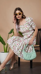 Cream Exquisite Floral Printed Pleated Fit and Flare Dress - Adjustable Waistline, Knee-Length, 3/4 Sleeves, Square Neck, A-Line