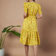 Mustard Exquisite Floral Printed Pleated Fit and Flare Dress - Adjustable Waistline, Knee-Length, 3/4 Sleeves, Square Neck, A-Line (Copy)