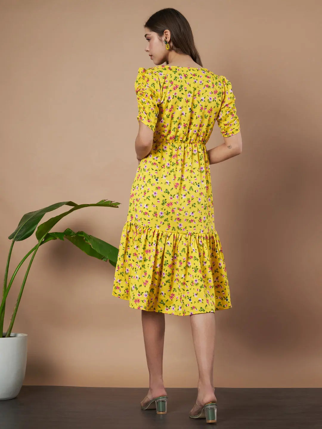 Mustard Exquisite Floral Printed Pleated Fit and Flare Dress - Adjustable Waistline, Knee-Length, 3/4 Sleeves, Square Neck, A-Line (Copy) Secondary image