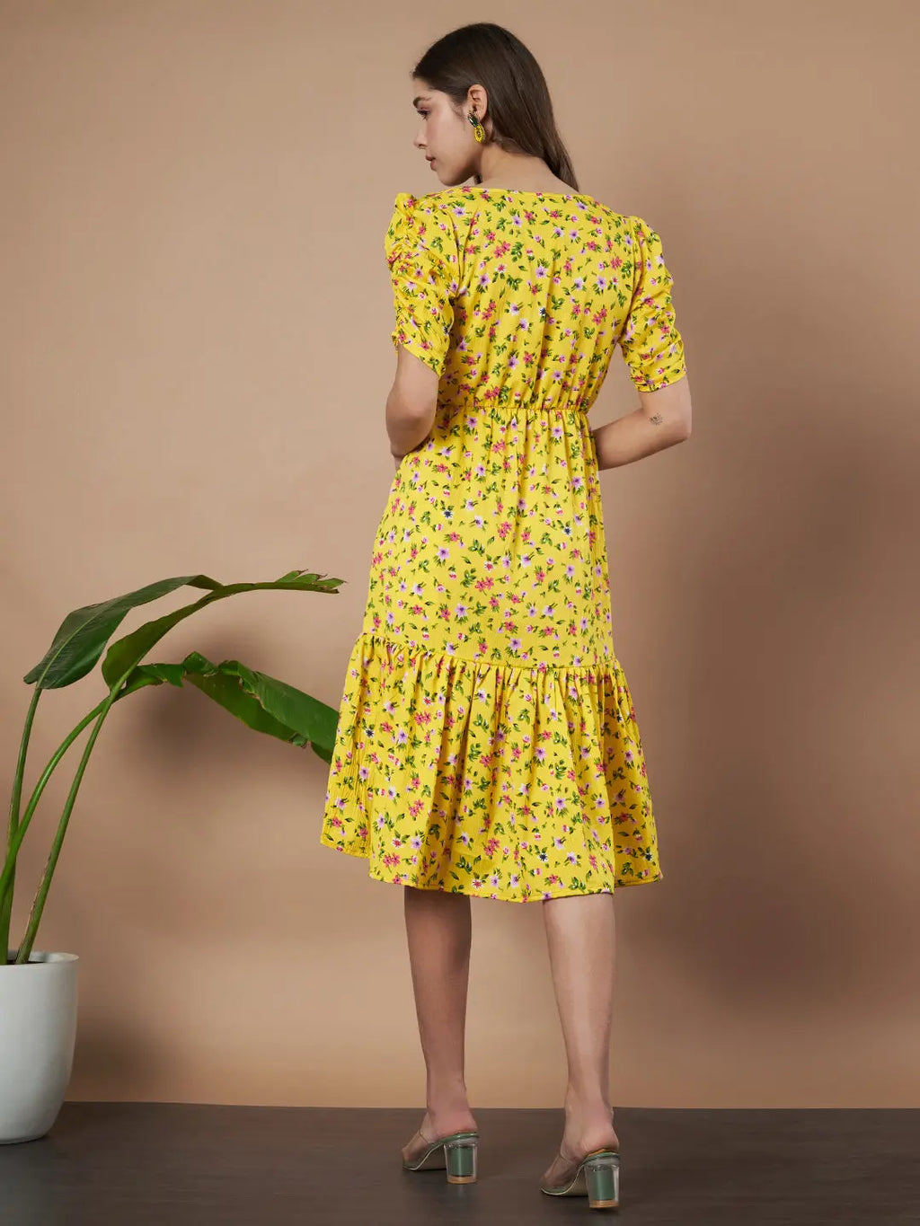Mustard Exquisite Floral Printed Pleated Fit and Flare Dress - Adjustable Waistline, Knee-Length, 3/4 Sleeves, Square Neck, A-Line (Copy)
