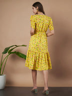 Mustard Exquisite Floral Printed Pleated Fit and Flare Dress - Adjustable Waistline, Knee-Length, 3/4 Sleeves, Square Neck, A-Line (Copy)