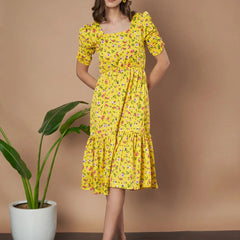 Mustard Exquisite Floral Printed Pleated Fit and Flare Dress - Adjustable Waistline, Knee-Length, 3/4 Sleeves, Square Neck, A-Line (Copy)