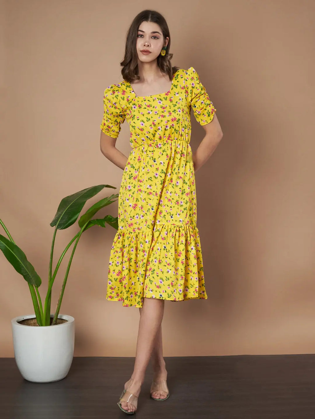 Mustard Exquisite Floral Printed Pleated Fit and Flare Dress - Adjustable Waistline, Knee-Length, 3/4 Sleeves, Square Neck, A-Line (Copy)