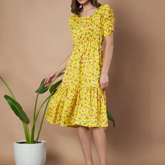 Mustard Exquisite Floral Printed Pleated Fit and Flare Dress - Adjustable Waistline, Knee-Length, 3/4 Sleeves, Square Neck, A-Line (Copy)