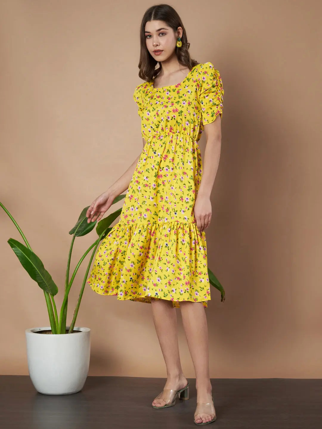 Mustard Exquisite Floral Printed Pleated Fit and Flare Dress - Adjustable Waistline, Knee-Length, 3/4 Sleeves, Square Neck, A-Line (Copy)