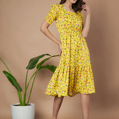 Mustard Exquisite Floral Printed Pleated Fit and Flare Dress - Adjustable Waistline, Knee-Length, 3/4 Sleeves, Square Neck, A-Line (Copy)