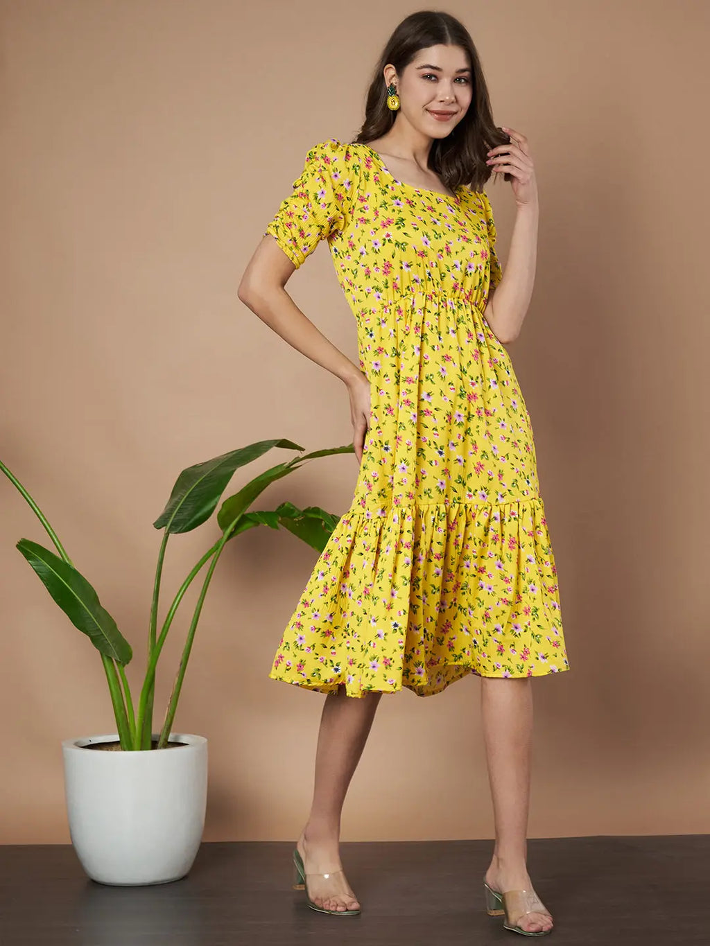 Mustard Exquisite Floral Printed Pleated Fit and Flare Dress - Adjustable Waistline, Knee-Length, 3/4 Sleeves, Square Neck, A-Line (Copy)