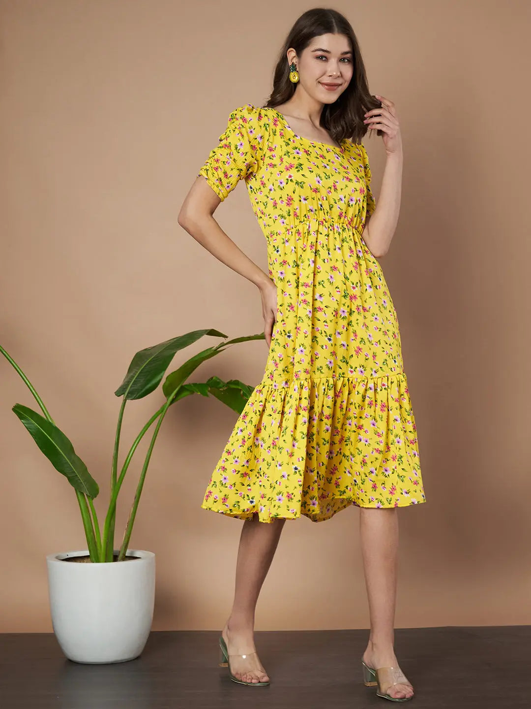 Mustard Exquisite Floral Printed Pleated Fit and Flare Dress - Adjustable Waistline, Knee-Length, 3/4 Sleeves, Square Neck, A-Line (Copy)