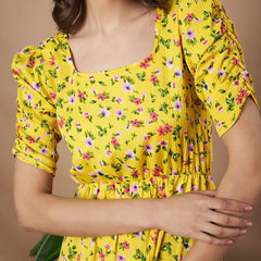 Mustard Exquisite Floral Printed Pleated Fit and Flare Dress - Adjustable Waistline, Knee-Length, 3/4 Sleeves, Square Neck, A-Line (Copy)