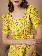 Mustard Exquisite Floral Printed Pleated Fit and Flare Dress - Adjustable Waistline, Knee-Length, 3/4 Sleeves, Square Neck, A-Line (Copy)