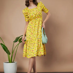 Mustard Exquisite Floral Printed Pleated Fit and Flare Dress - Adjustable Waistline, Knee-Length, 3/4 Sleeves, Square Neck, A-Line (Copy)