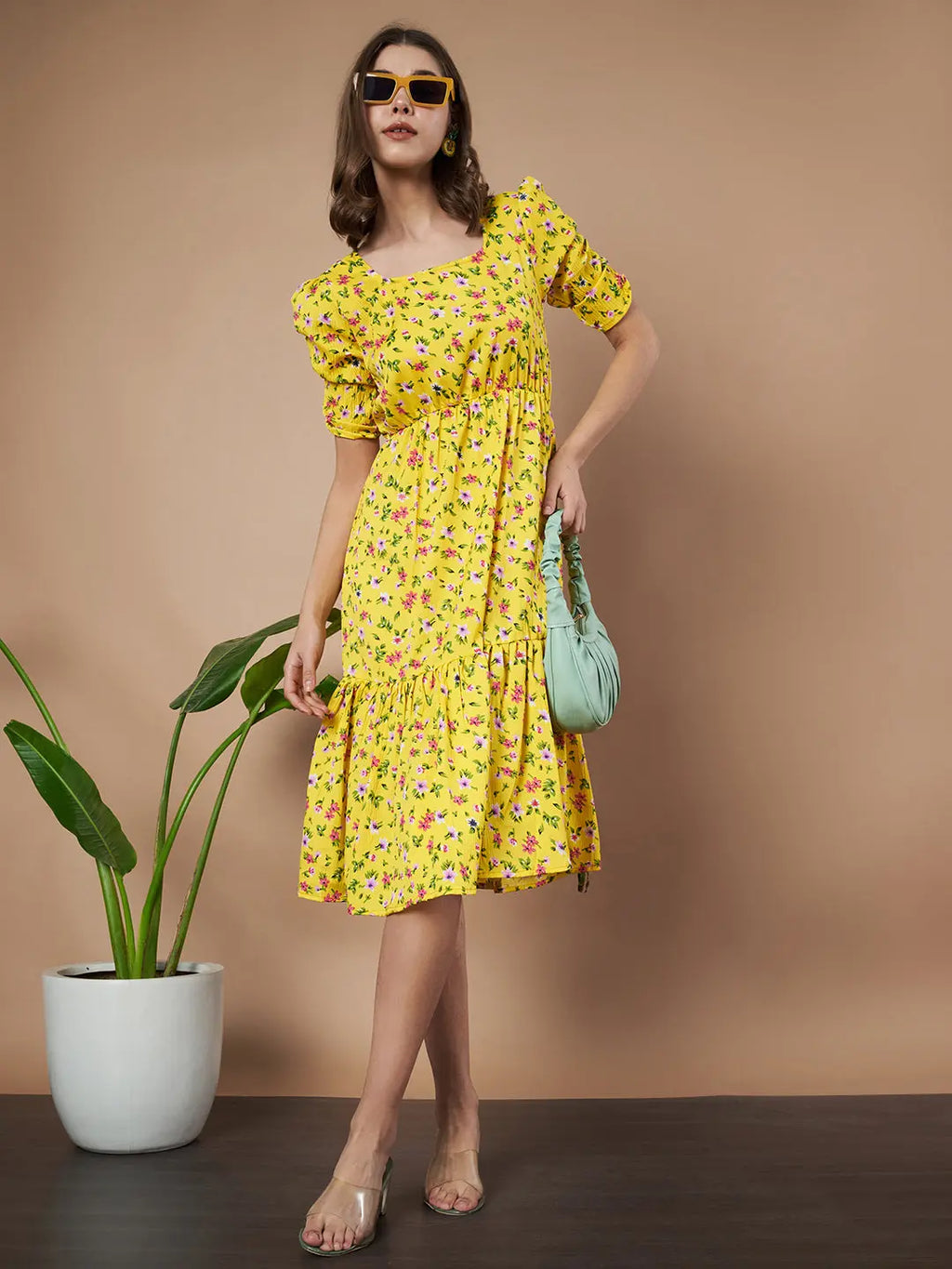 Mustard Exquisite Floral Printed Pleated Fit and Flare Dress - Adjustable Waistline, Knee-Length, 3/4 Sleeves, Square Neck, A-Line (Copy)
