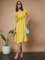 Mustard Exquisite Floral Printed Pleated Fit and Flare Dress - Adjustable Waistline, Knee-Length, 3/4 Sleeves, Square Neck, A-Line (Copy)