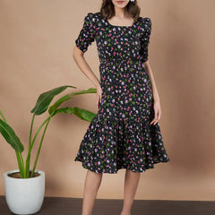 Black Exquisite Floral Printed Pleated Fit and Flare Dress - Adjustable Waistline, Knee-Length, 3/4 Sleeves, Square Neck, A-Line