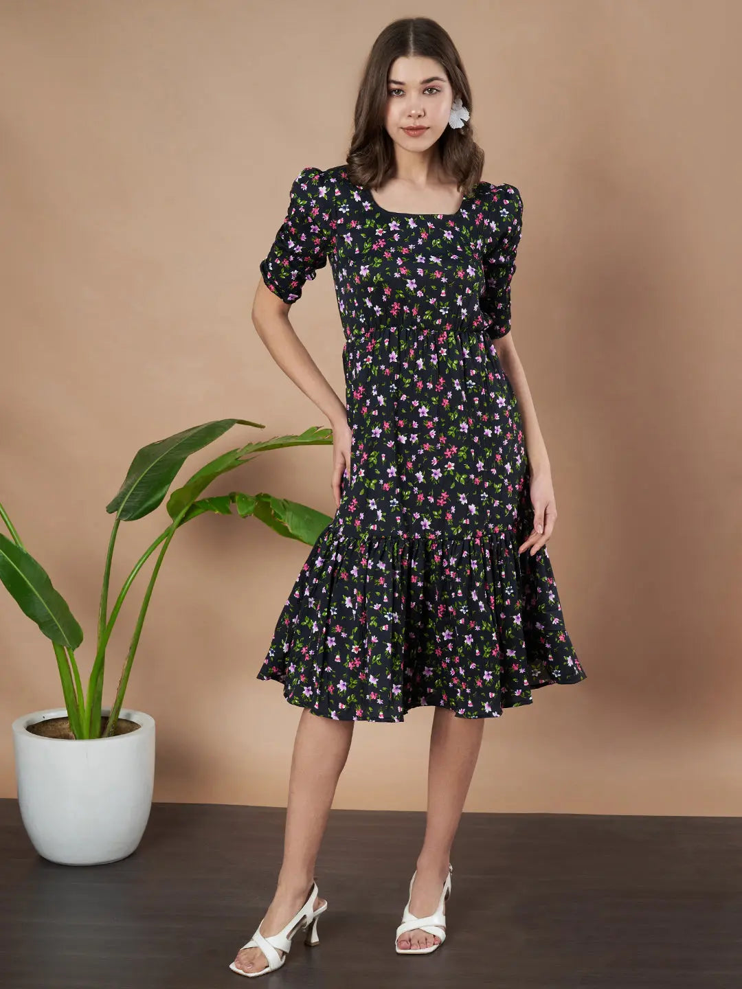 Black Exquisite Floral Printed Pleated Fit and Flare Dress - Adjustable Waistline, Knee-Length, 3/4 Sleeves, Square Neck, A-Line
