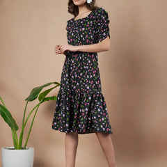 Black Exquisite Floral Printed Pleated Fit and Flare Dress - Adjustable Waistline, Knee-Length, 3/4 Sleeves, Square Neck, A-Line