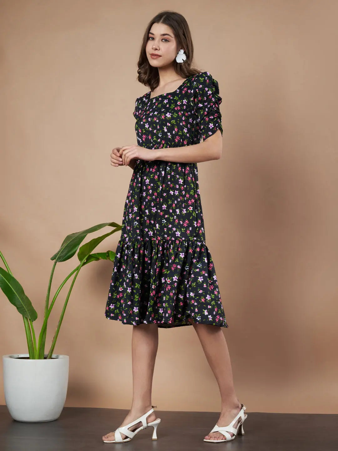 Black Exquisite Floral Printed Pleated Fit and Flare Dress - Adjustable Waistline, Knee-Length, 3/4 Sleeves, Square Neck, A-Line