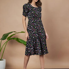 Black Exquisite Floral Printed Pleated Fit and Flare Dress - Adjustable Waistline, Knee-Length, 3/4 Sleeves, Square Neck, A-Line