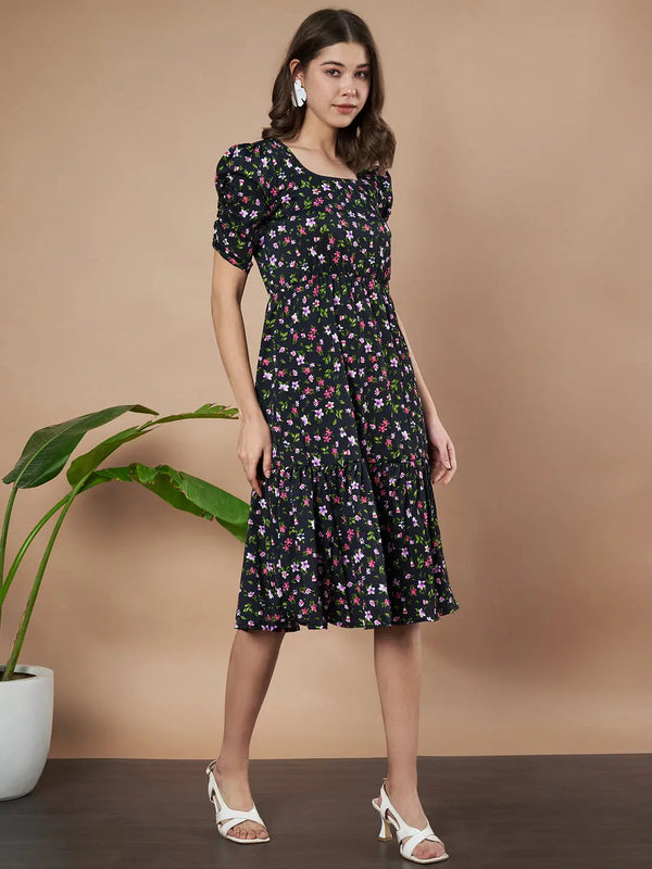 Black Exquisite Floral Printed Pleated Fit and Flare Dress - Adjustable Waistline, Knee-Length, 3/4 Sleeves, Square Neck, A-Line