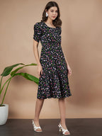 Black Exquisite Floral Printed Pleated Fit and Flare Dress - Adjustable Waistline, Knee-Length, 3/4 Sleeves, Square Neck, A-Line