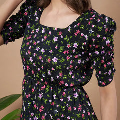Black Exquisite Floral Printed Pleated Fit and Flare Dress - Adjustable Waistline, Knee-Length, 3/4 Sleeves, Square Neck, A-Line