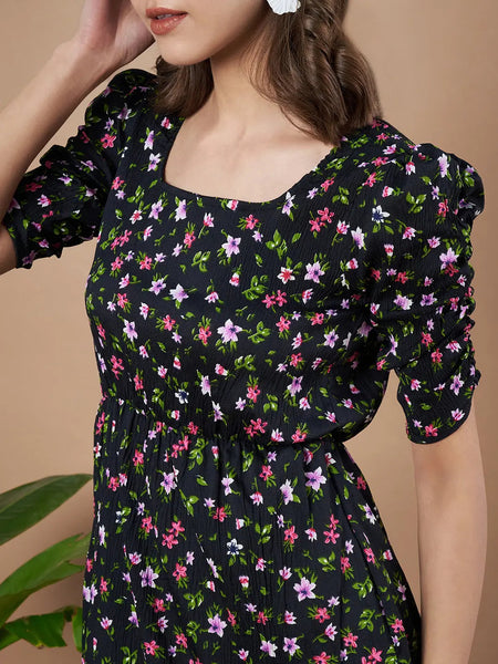 Black Exquisite Floral Printed Pleated Fit and Flare Dress - Adjustable Waistline, Knee-Length, 3/4 Sleeves, Square Neck, A-Line