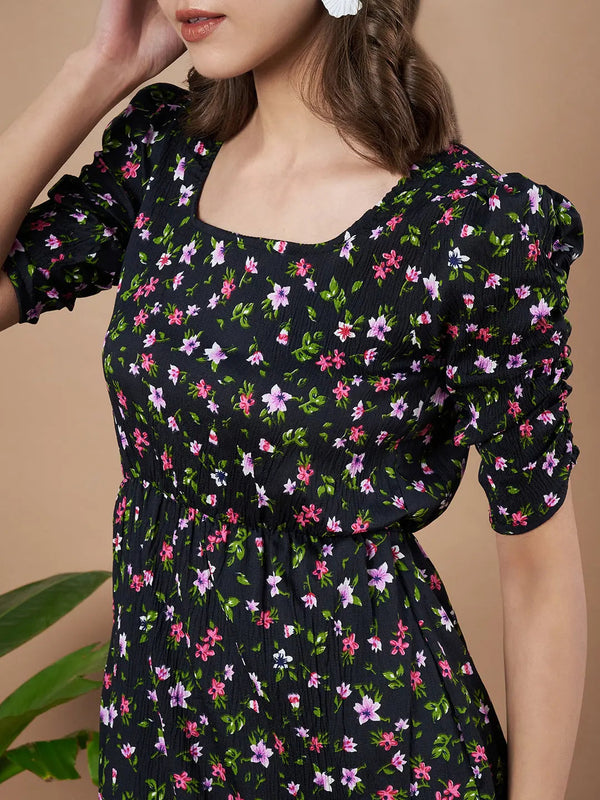 Black Exquisite Floral Printed Pleated Fit and Flare Dress - Adjustable Waistline, Knee-Length, 3/4 Sleeves, Square Neck, A-Line