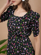 Black Exquisite Floral Printed Pleated Fit and Flare Dress - Adjustable Waistline, Knee-Length, 3/4 Sleeves, Square Neck, A-Line