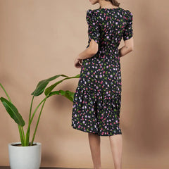 Black Exquisite Floral Printed Pleated Fit and Flare Dress - Adjustable Waistline, Knee-Length, 3/4 Sleeves, Square Neck, A-Line