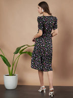 Black Exquisite Floral Printed Pleated Fit and Flare Dress - Adjustable Waistline, Knee-Length, 3/4 Sleeves, Square Neck, A-Line