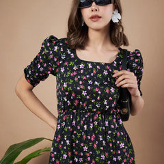 Black Exquisite Floral Printed Pleated Fit and Flare Dress - Adjustable Waistline, Knee-Length, 3/4 Sleeves, Square Neck, A-Line
