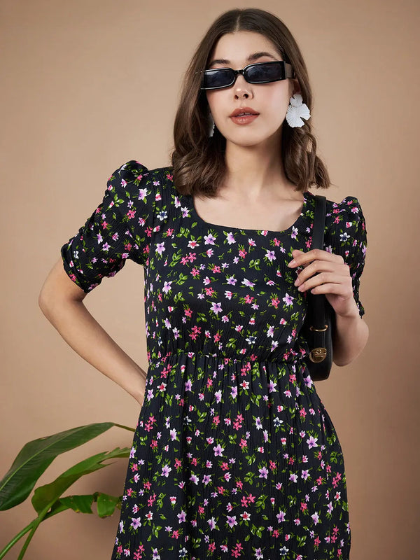 Black Exquisite Floral Printed Pleated Fit and Flare Dress - Adjustable Waistline, Knee-Length, 3/4 Sleeves, Square Neck, A-Line
