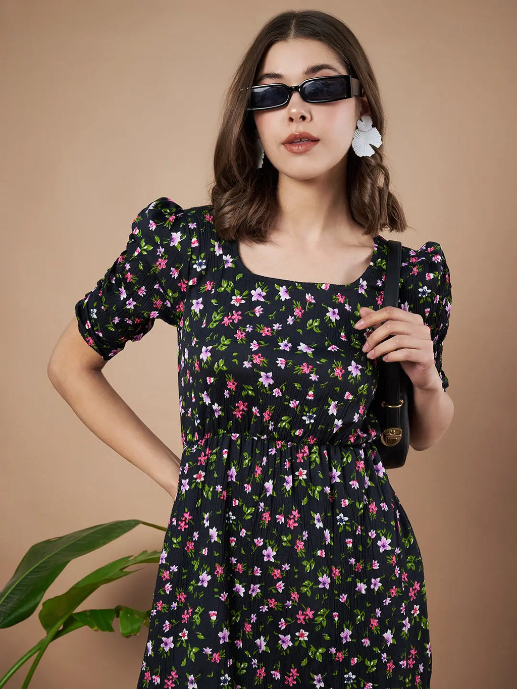 Black Exquisite Floral Printed Pleated Fit and Flare Dress - Adjustable Waistline, Knee-Length, 3/4 Sleeves, Square Neck, A-Line