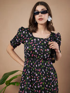 Black Exquisite Floral Printed Pleated Fit and Flare Dress - Adjustable Waistline, Knee-Length, 3/4 Sleeves, Square Neck, A-Line