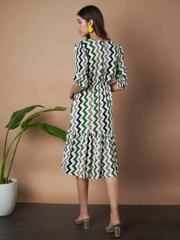 Green Zigzag Stripes Puff Sleeve Printed Fit & Flare Midi Dress with Round Neck, Short Sleeves, Gathered Details, and Flared Hemline