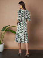 Green Zigzag Stripes Puff Sleeve Printed Fit & Flare Midi Dress with Round Neck, Short Sleeves, Gathered Details, and Flared Hemline