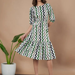 Green Zigzag Stripes Puff Sleeve Printed Fit & Flare Midi Dress with Round Neck, Short Sleeves, Gathered Details, and Flared Hemline