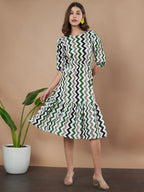 Green Zigzag Stripes Puff Sleeve Printed Fit & Flare Midi Dress with Round Neck, Short Sleeves, Gathered Details, and Flared Hemline