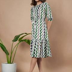 Green Zigzag Stripes Puff Sleeve Printed Fit & Flare Midi Dress with Round Neck, Short Sleeves, Gathered Details, and Flared Hemline