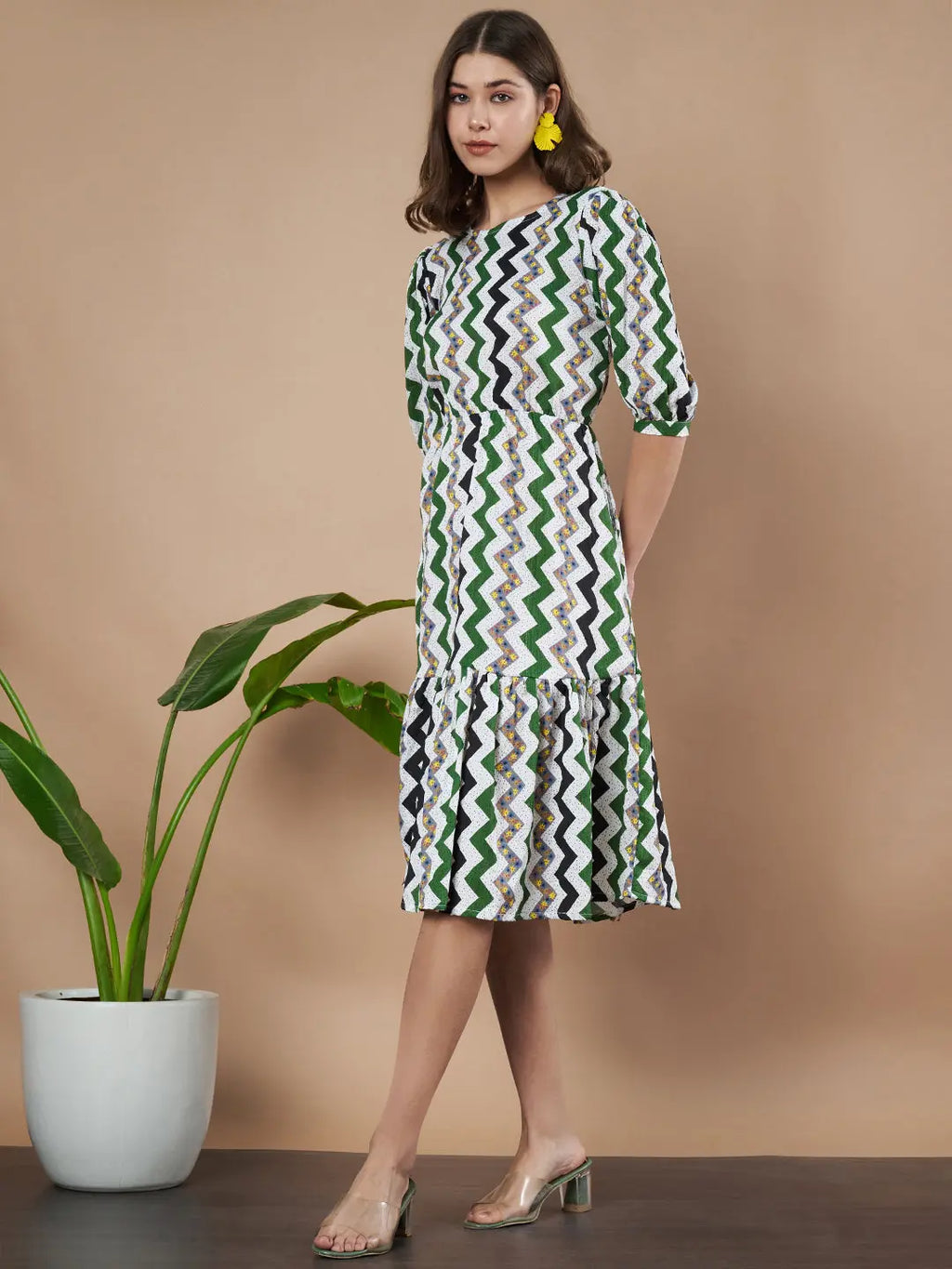 Green Zigzag Stripes Puff Sleeve Printed Fit & Flare Midi Dress with Round Neck, Short Sleeves, Gathered Details, and Flared Hemline