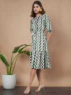 Green Zigzag Stripes Puff Sleeve Printed Fit & Flare Midi Dress with Round Neck, Short Sleeves, Gathered Details, and Flared Hemline