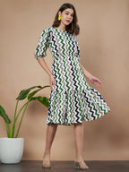 Green Zigzag Stripes Puff Sleeve Printed Fit & Flare Midi Dress with Round Neck, Short Sleeves, Gathered Details, and Flared Hemline