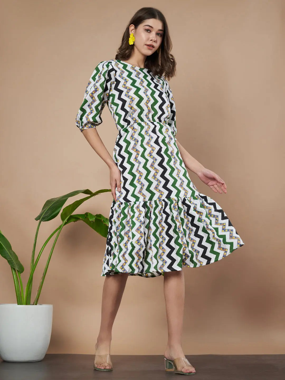 Green Zigzag Stripes Puff Sleeve Printed Fit & Flare Midi Dress with Round Neck, Short Sleeves, Gathered Details, and Flared Hemline
