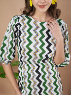 Green Zigzag Stripes Puff Sleeve Printed Fit & Flare Midi Dress with Round Neck, Short Sleeves, Gathered Details, and Flared Hemline